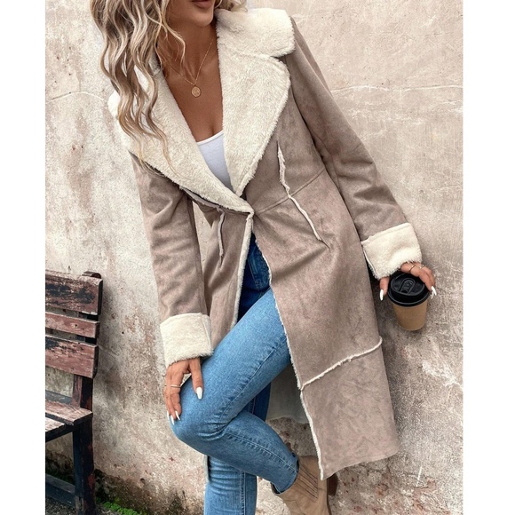 Luxe Vegan Suede Teddy Lined Button Knee Length Jacket Coat - Picture 3 of 11